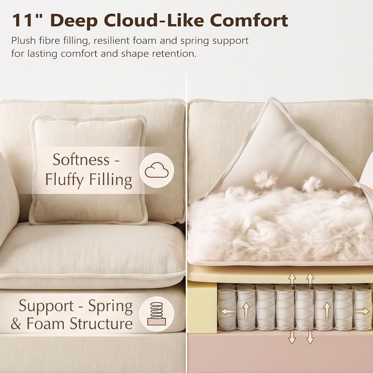 L Shaped Sofa, 162Cm Chenille 2 Seater with Ottoman, Begie | Deep-Seat Modular Design with a Movable Ottoman Footstool for Living Rooms, Bedrooms and Small Spaces