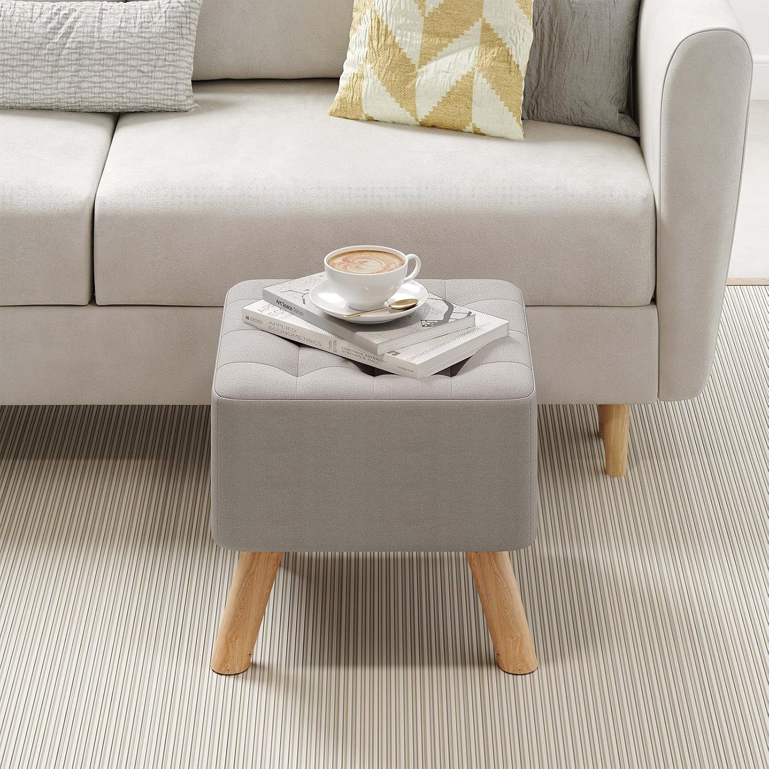Linen Fabric Footstool Square Upholstered Stool Pouffe Stool Change Shoe Footrest Wooden Legs for Living Room Bedroom (Beige)
