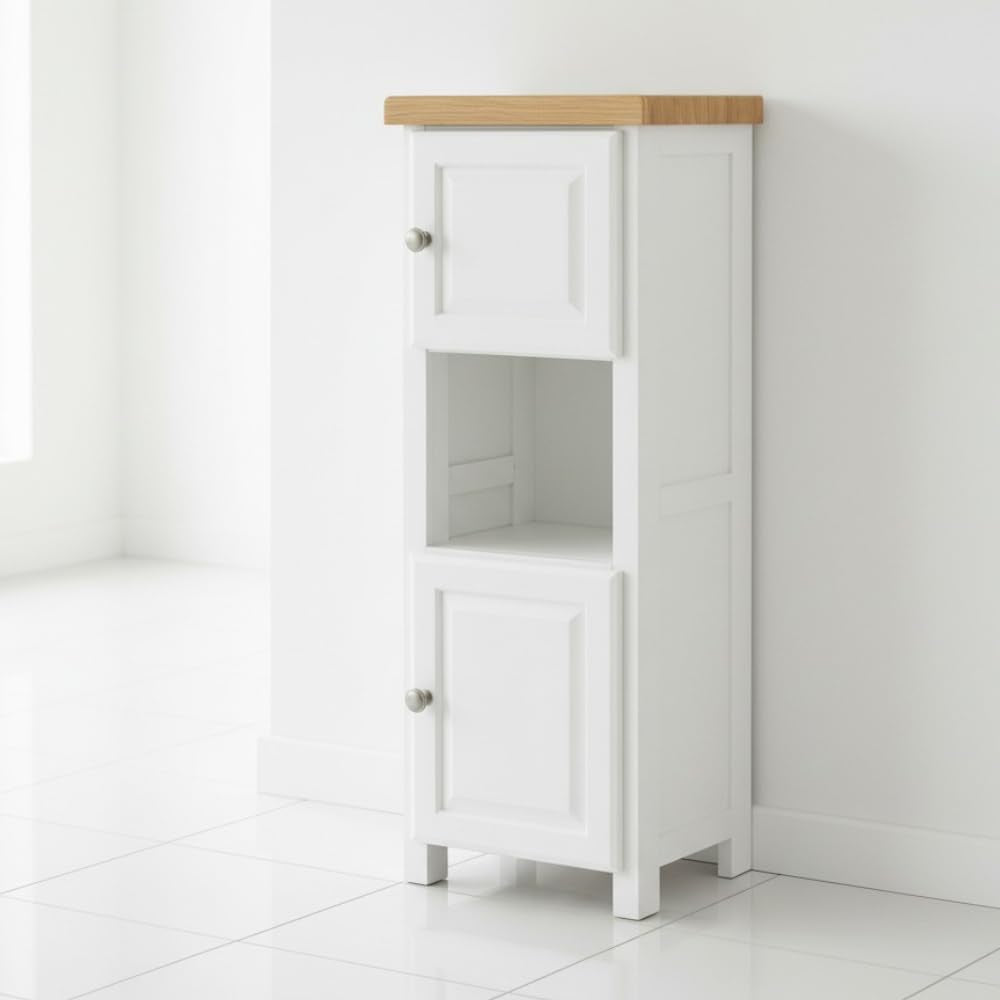 Slim Cabinet Bathroom Storage, Painted White Cabinet with Natural Wood Top, Double Door, Ready Assembled (White 2)