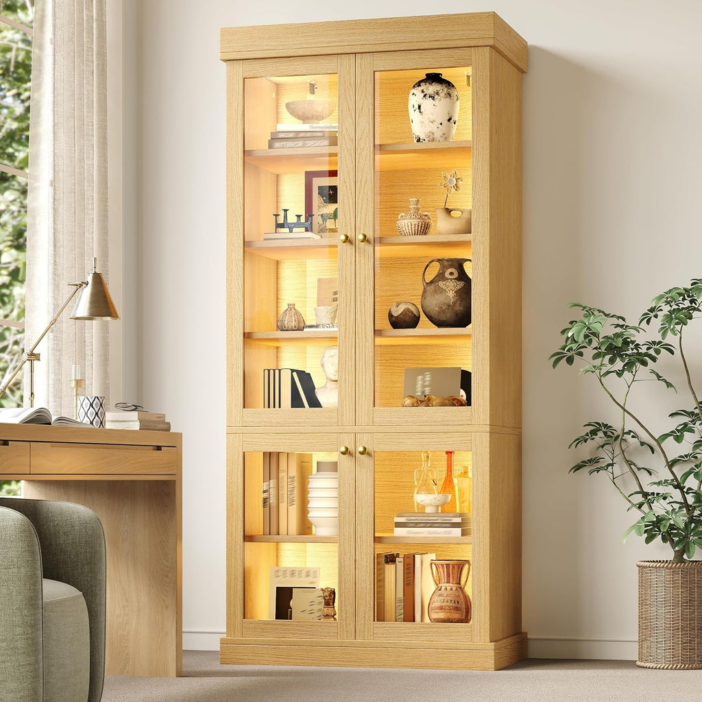 Modern Display Cabinets with Glass Doors & LED Lights, Freestanding Bookcase/Cabinet for Living Room, Oak Colour