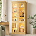 Modern Display Cabinets with Glass Doors & LED Lights, Freestanding Bookcase/Cabinet for Living Room, Oak Colour