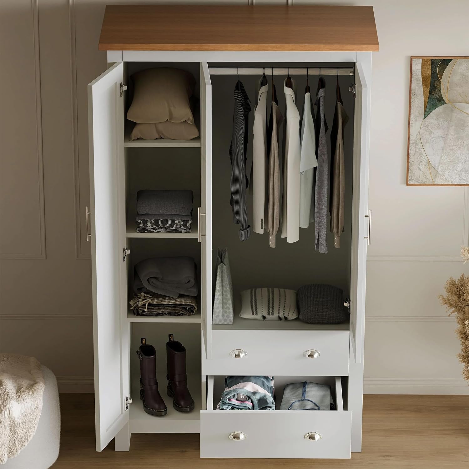 3 Door Wardrobe, MDF Wooden Bedroom Wardrobe with Hanging Rail, Modern Large Storage Cupboard Organiser with 4 Shelves and 2 Drawers, Triple Wardrobe for Bedroom Furniture (White & Oak)