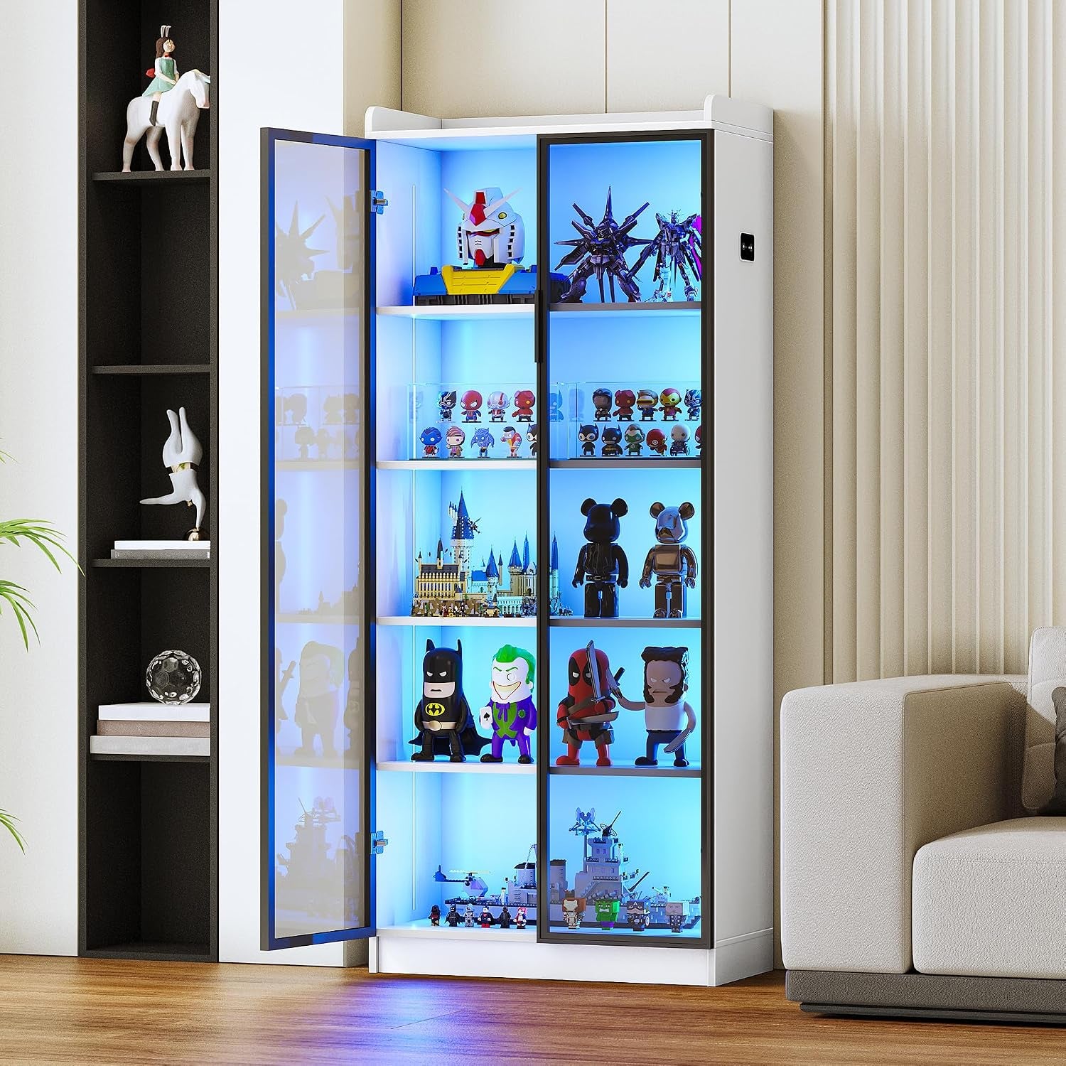 5-Tier Display Cabinet with Acrylic Door and Lights for Collectibles,White | 65" Bookcase with Human Sensor,Curio Storage Cabinet with Adjustable Shelf for Bedroom,Living Room,Office