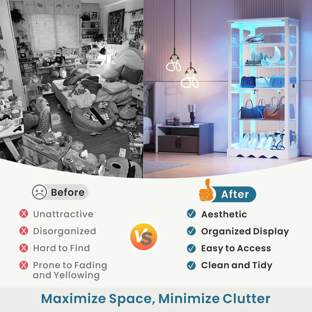 Glass Display Cabinet with Lock and RGB Lights, 5-Tier, White | Curio Display Case with Glass Doors, with Adjustable Shelf and Human Sensor Design, for Collectibles/ Toys/ Books