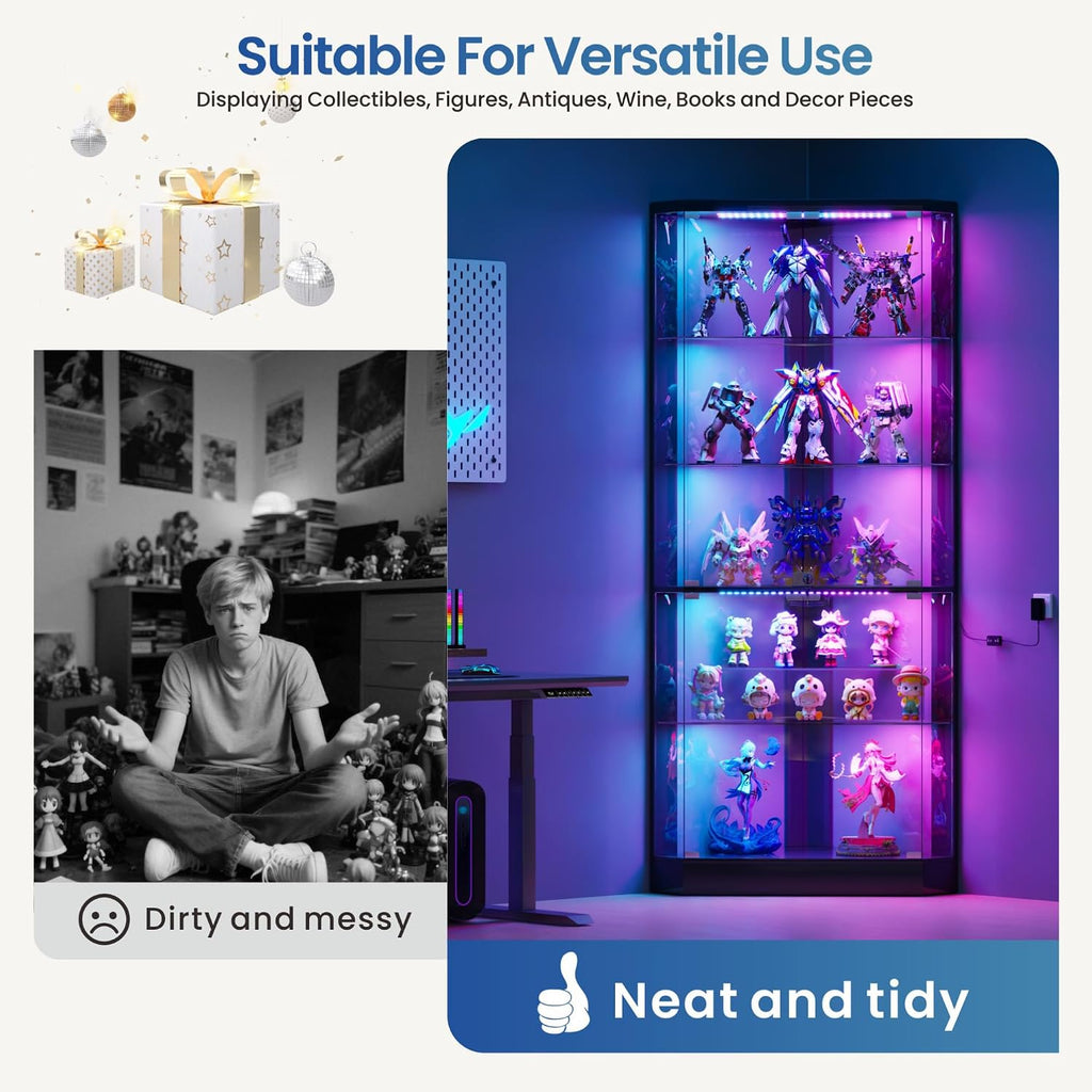 69" Corner RGB Glass Display Cabinets with Lock for Curio,Black | 5 Tier Modern Curio Cabinet with Dynamic Lighting,Storage Bookcase Cabinet with Glass Door for Study,Living Room,Bedroom