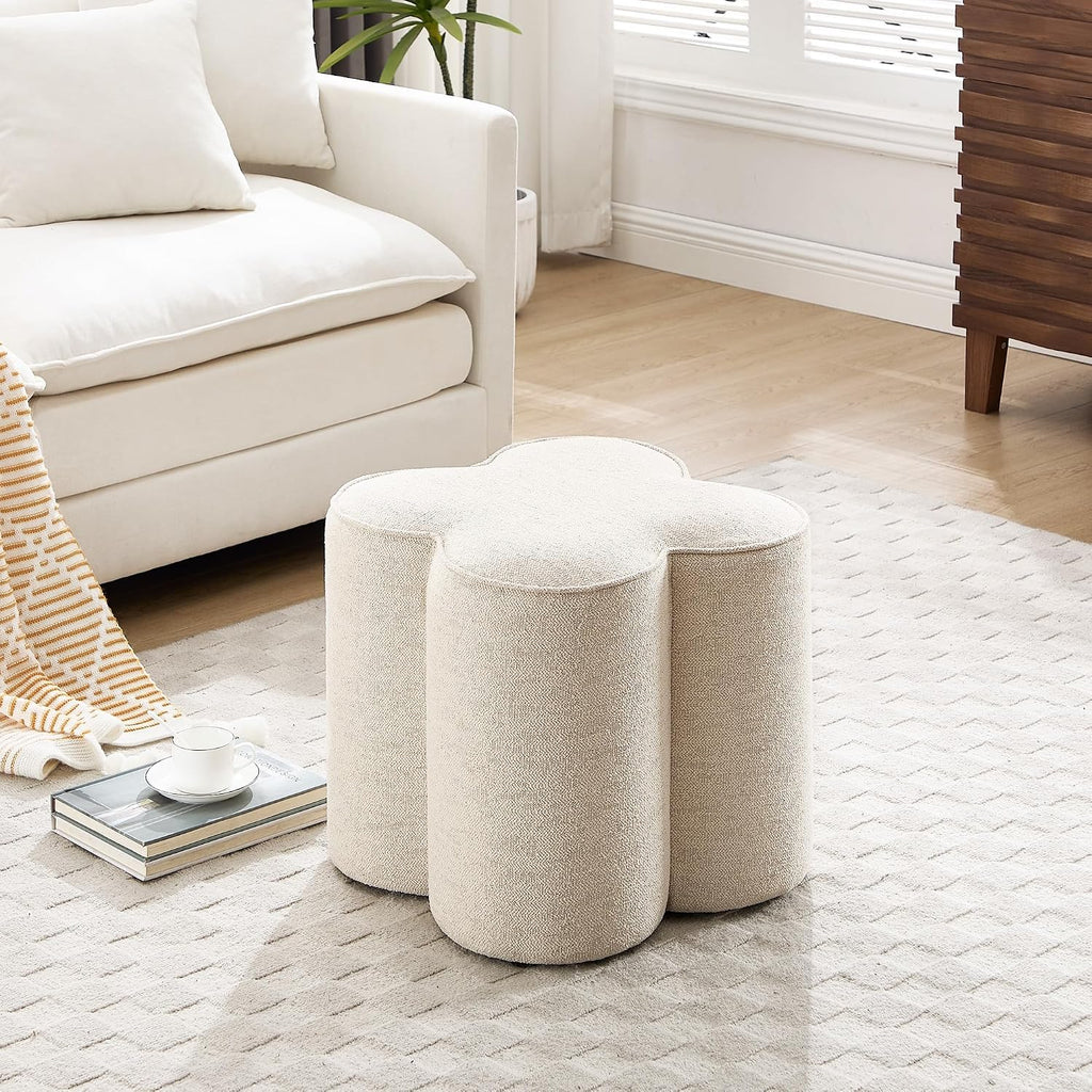 Petal Ottoman Foot Stool, Flower-Shaped Pouffe Footstool, Beige | Linen Upholstered Vanity Stool, Wood Frame, 125Kg Capacity, No Assembly, Foot Rest for Sofa Living Room Bedroom