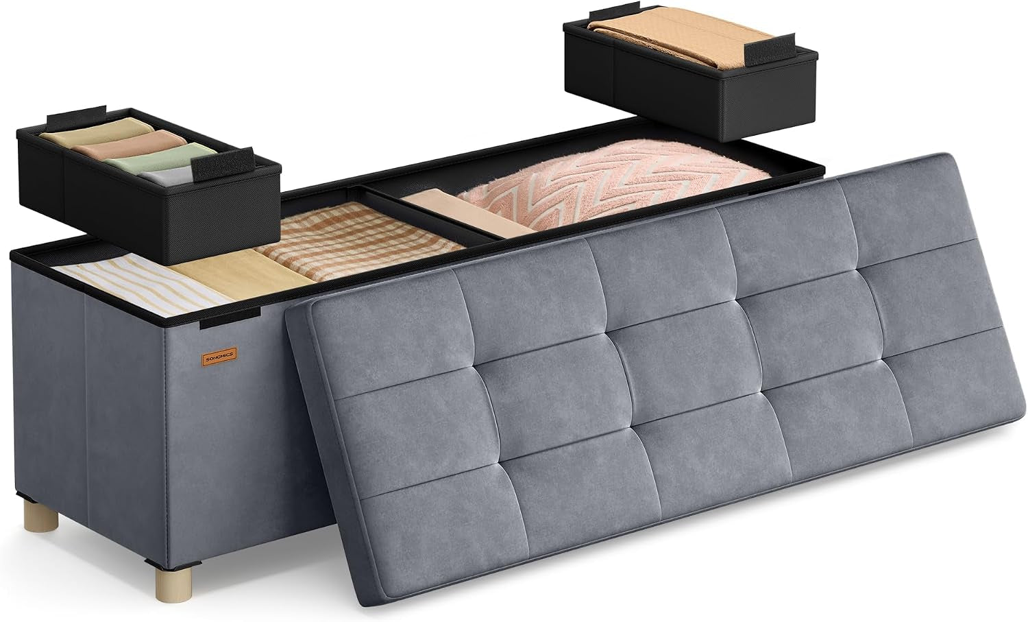 Storage Ottoman, 38 X 110 X 40 Cm, Folding Storage Bench with Lid, Footstool, Footrest, 112 L, Velvet Surface, for Bedroom, Hallway, Living Room, Slate Grey LSF0518G03