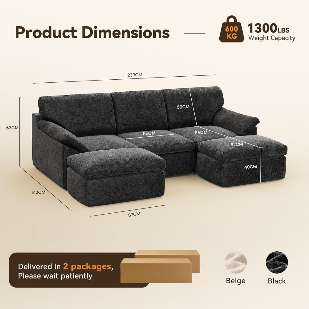 Boneless Cloud Sectional Sofa, 240Cm Modular Chenille Couch, Grey | No Assembly Needed, Expands in 72Hrs, 380Gsm Skin-Friendly Chenille Fabric, Perfect for Living Rooms & Apartments