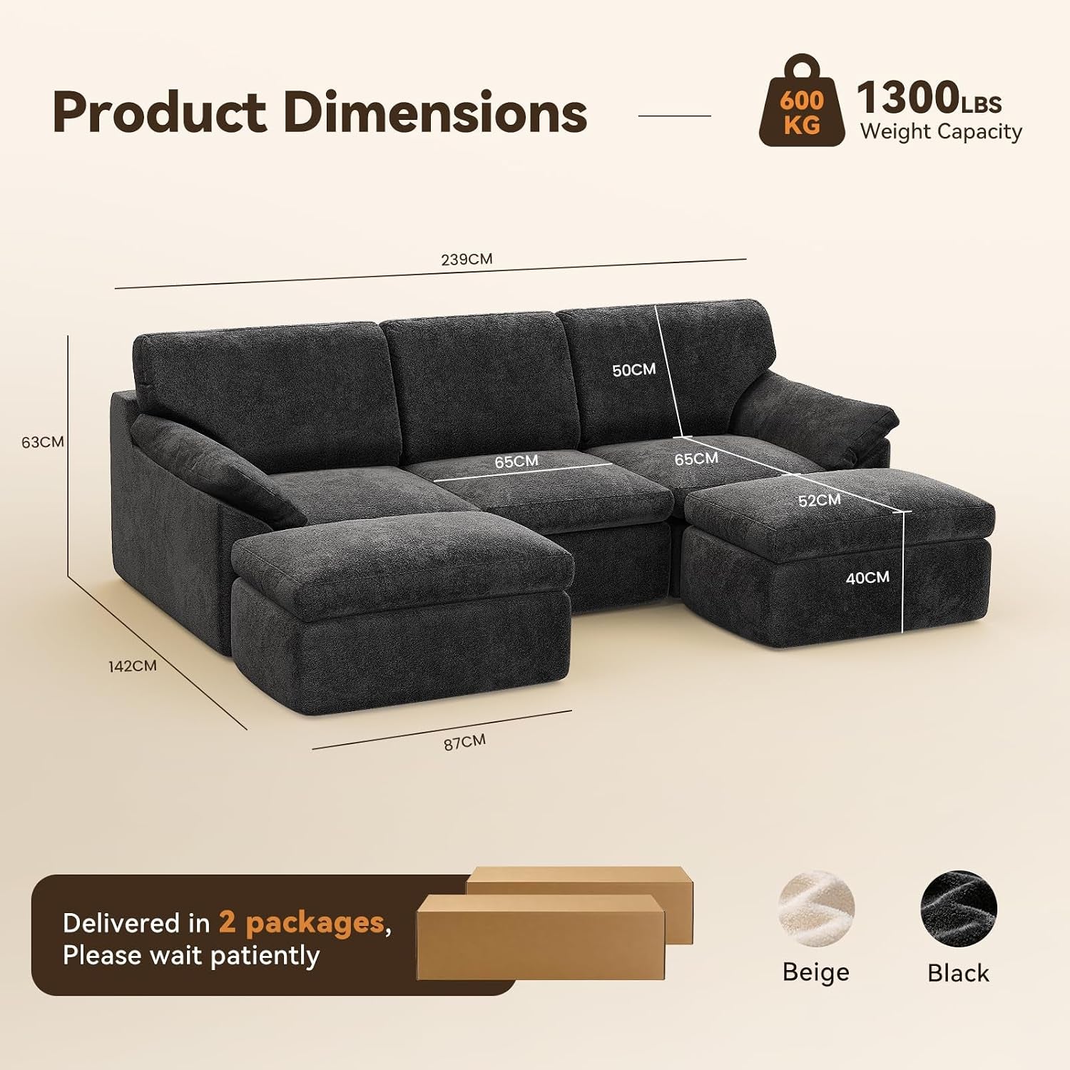 Boneless Cloud Sectional Sofa, 240Cm Modular Chenille Couch, Grey | No Assembly Needed, Expands in 72Hrs, 380Gsm Skin-Friendly Chenille Fabric, Perfect for Living Rooms & Apartments