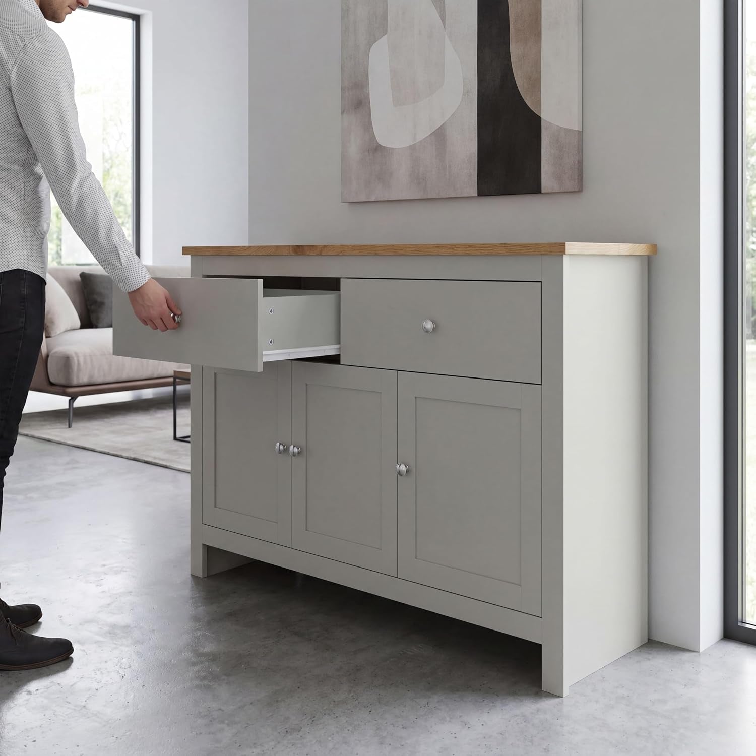 Arlington Sideboard, Buffet Table, Cupboard Cabinet (Grey & Oak, 2 Drawer 3 Door)