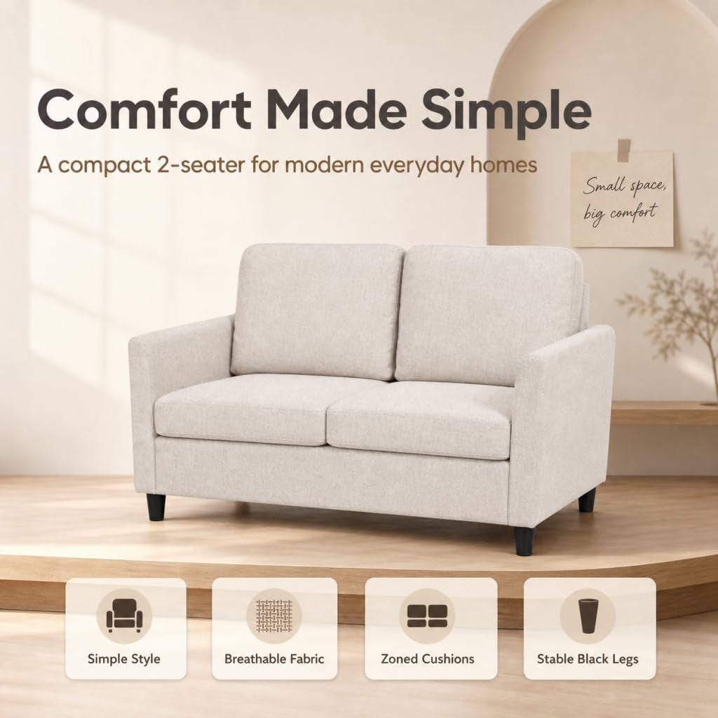 Beige 2-Seater Loveseat Sofa with Washable Covers | Quick Assembly, Cushions for Cozy Comfort,Sturdy Support, 135Cm Space-Saving,Small Apartments