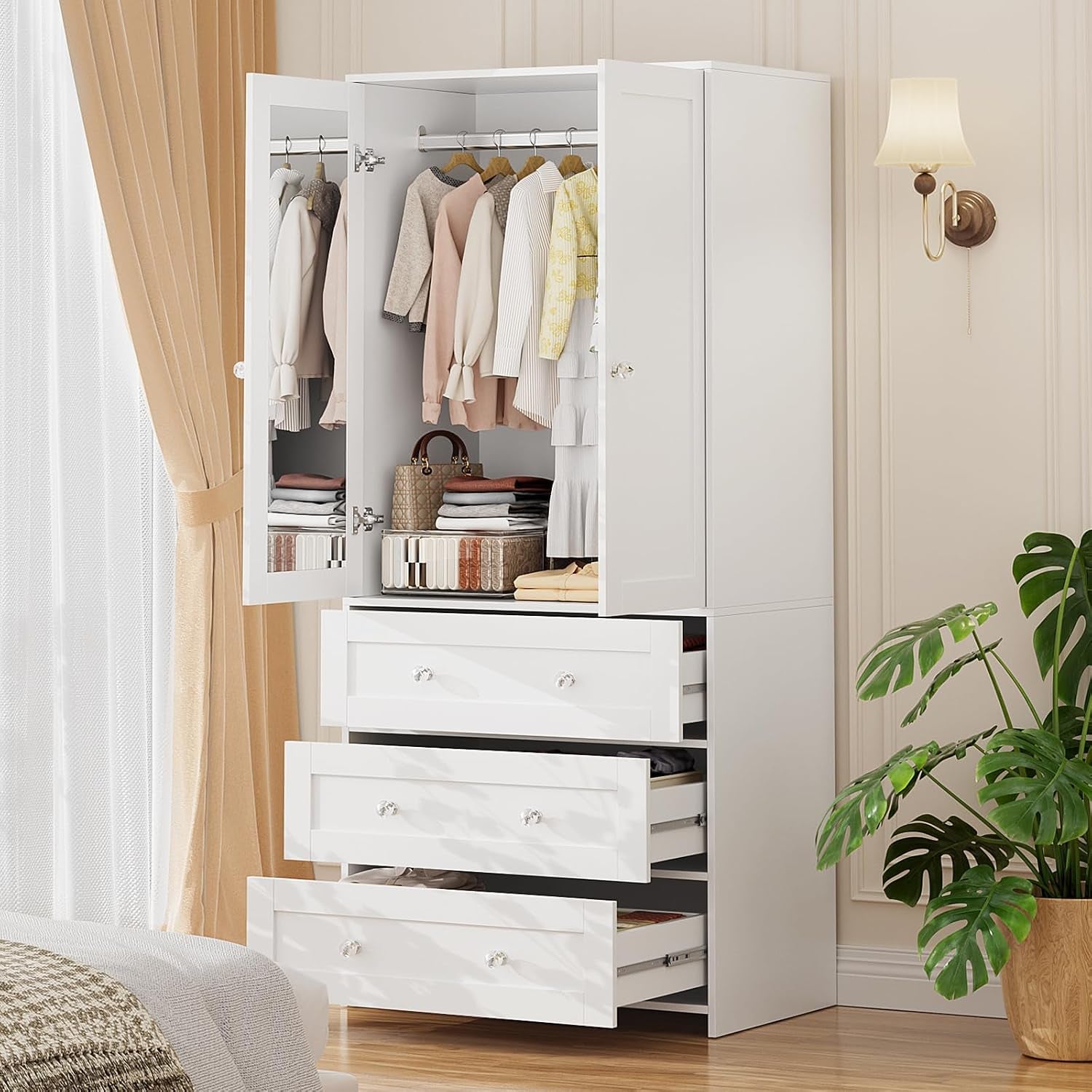 71" Tall Armoire Wardrobe Closet with Drawers and Mirror | Clothing Storage Cabinet with Hanging Rod, 2 Doors Wooden Wardrobe Cabinet for Bedroom, Large Capacity Storage (White)