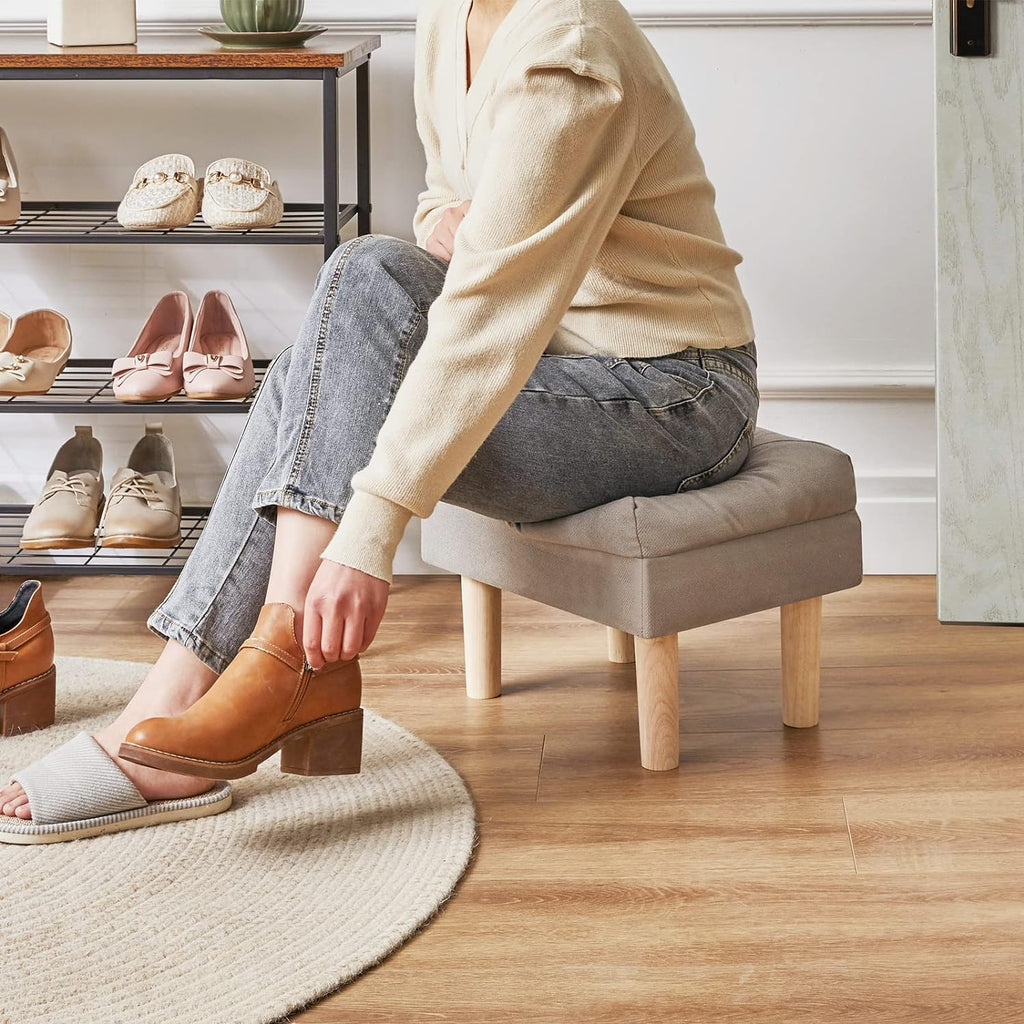 Foot Stool, Ottoman Small, Chair with Sponge Padded Seat, Footrest, Shoes Changing Wooden Stool for Living Room, Bedroom, Entryway, 40×29×32CM, Grey HBD023G