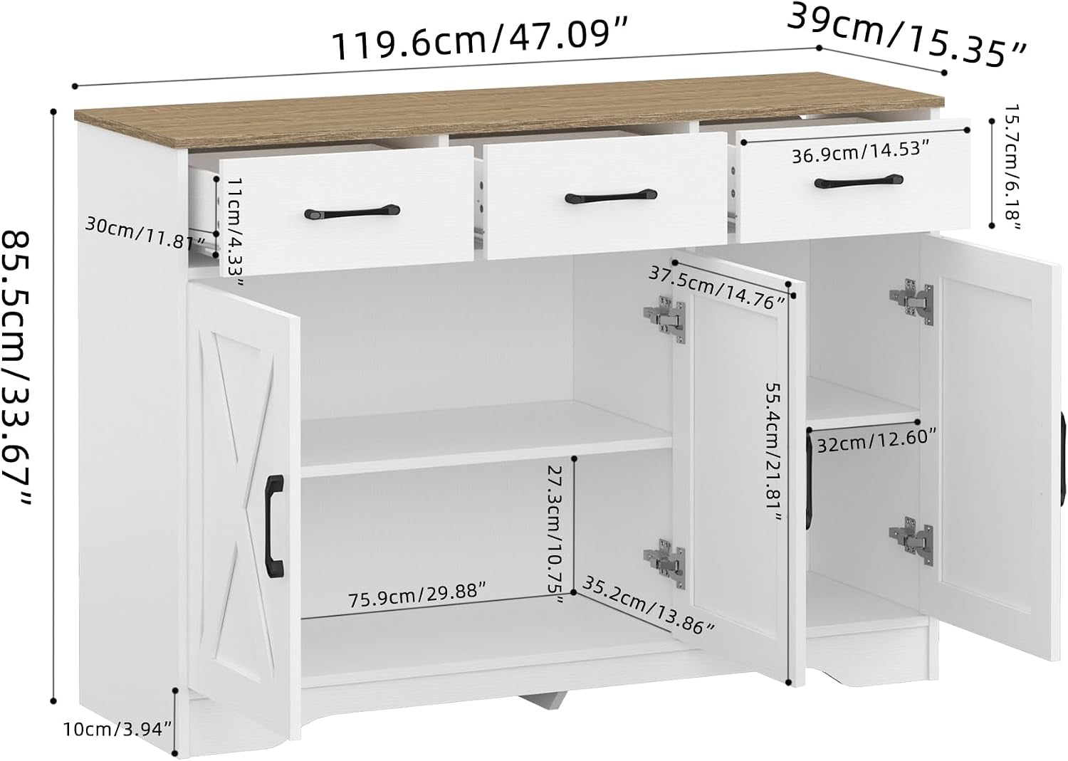 Wooden Sideboard 3 Drawers 3 Doors Entryway Dining Room Console Living Room Storage Farmhouse Sideboard Cabinet (White)