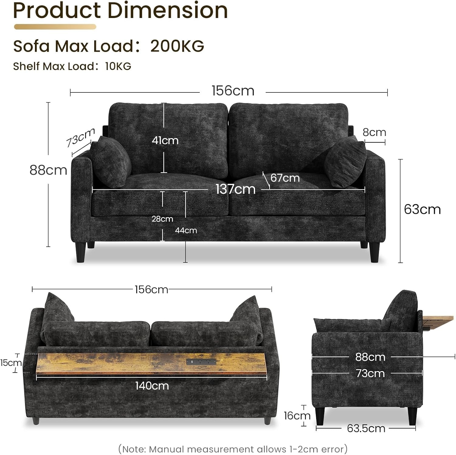 2 Seater Sofa with 2 AC Outlets and 2 USB Ports, Small Couch Loveseat with LED Lights, Chenille Sofas Couches with Console Table for Living Room, Easy Assembly, Black