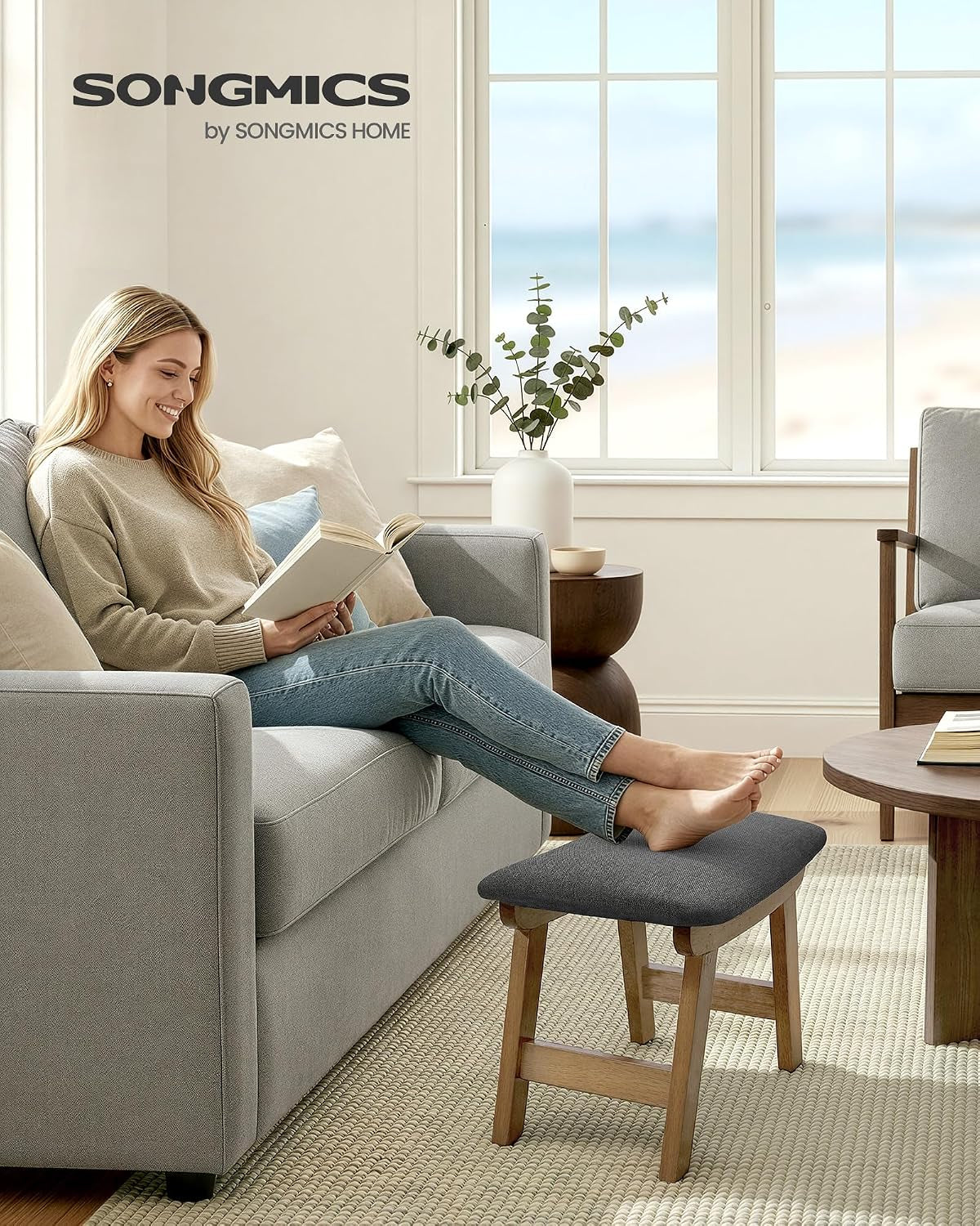 Footstool, Small Foot Stool Ottoman with Rubber Wood Legs, Washable Cover, Curved Padded Footrest for Living Room, 39.1 X 24.9 X 30 Cm, Slate Gray, LSF052GN03