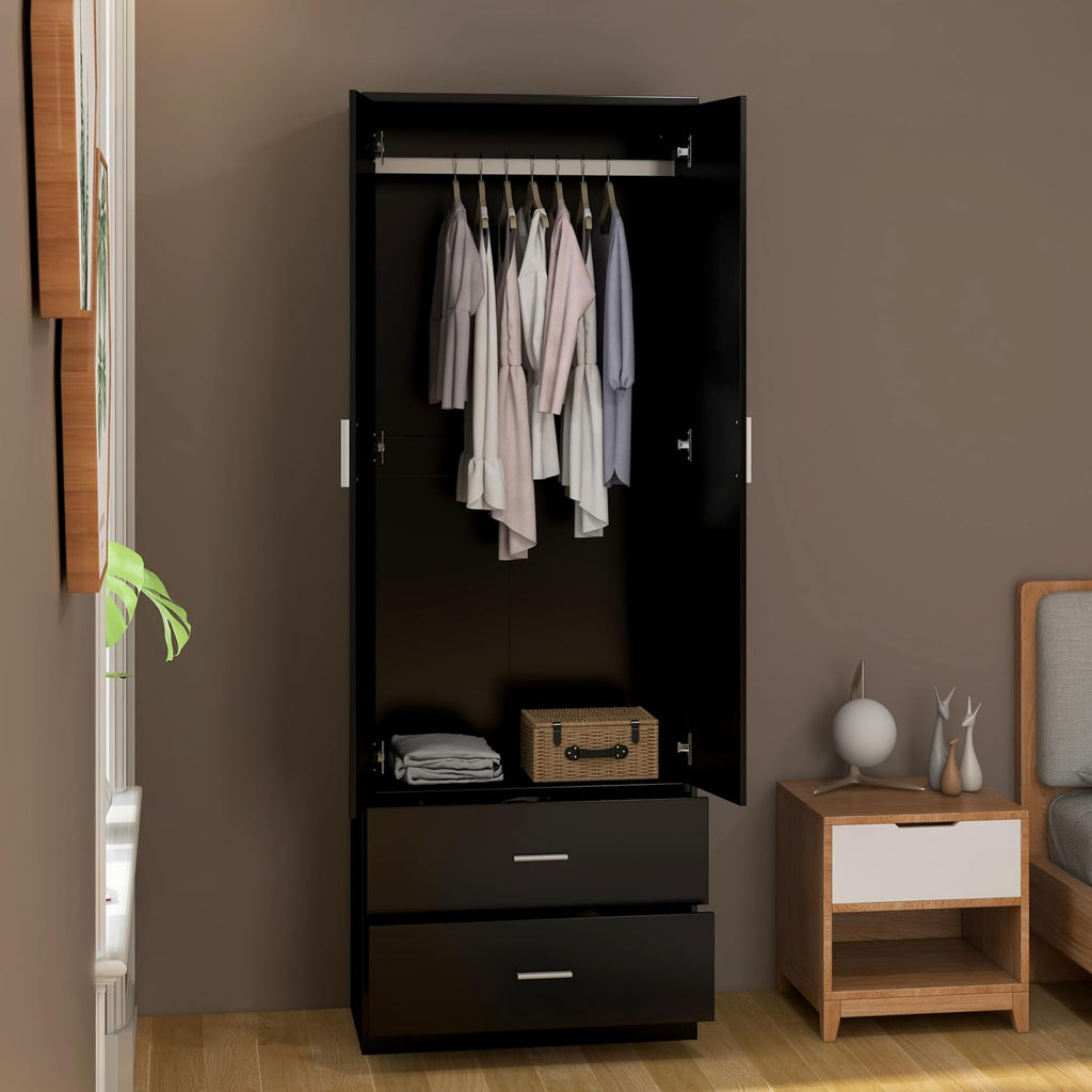 2 Door 2 Drawers Mirrored Wardrobe with Hanging Rail Wooden Clothes Storage Cupboards Unit for Bedroom Furniture 77 X 50 X 180 Cm (Black)