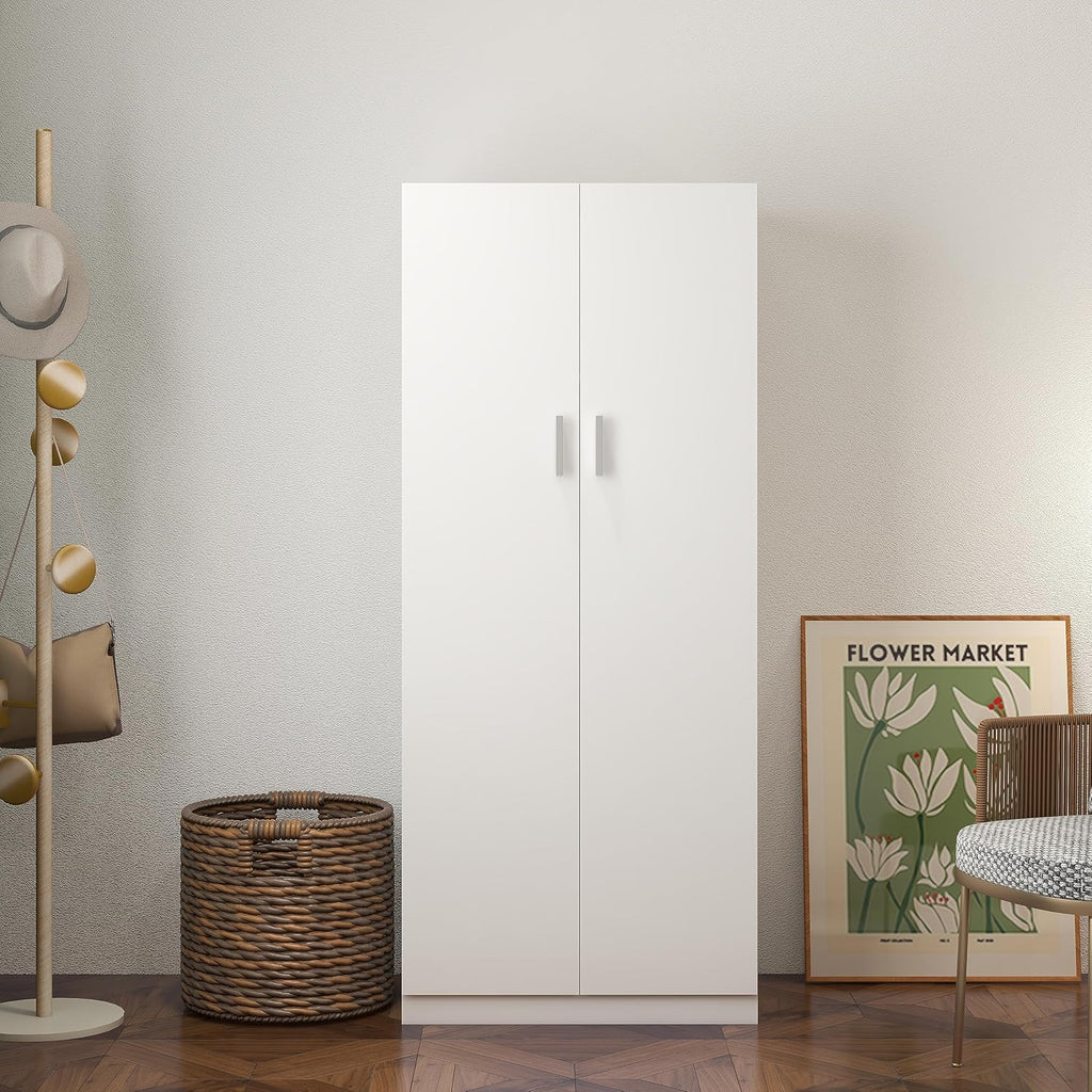 Wooden 2 Door Wardrobe with Shelf and Hanging Rail Modern Clothes Storage Cupboards Unit for Bedroom Furniture W 72 X D 49 X H 169 Cm (White)