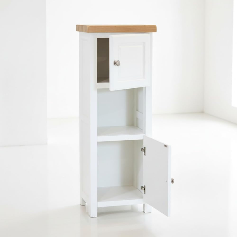 Slim Cabinet Bathroom Storage, Painted White Cabinet with Natural Wood Top, Double Door, Ready Assembled (White 2)