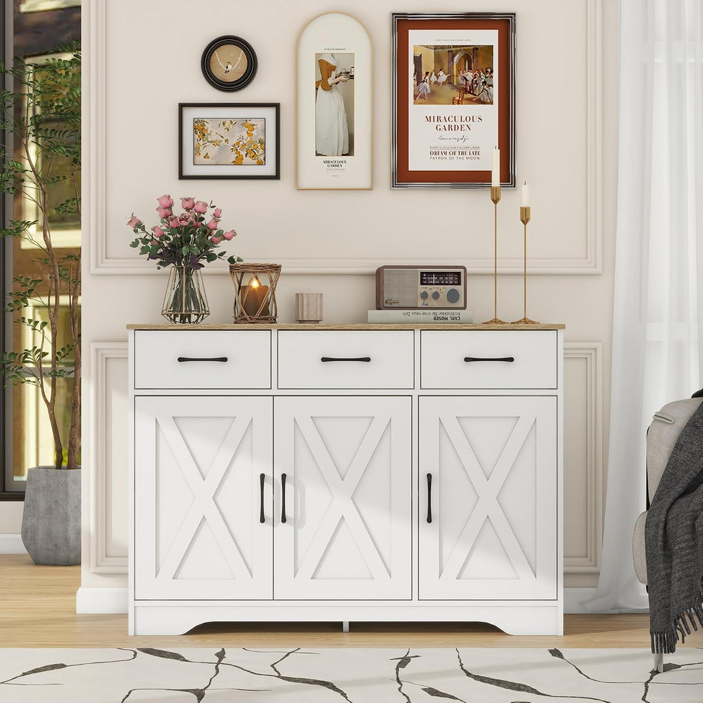 Wooden Sideboard 3 Drawers 3 Doors Entryway Dining Room Console Living Room Storage Farmhouse Sideboard Cabinet (White)