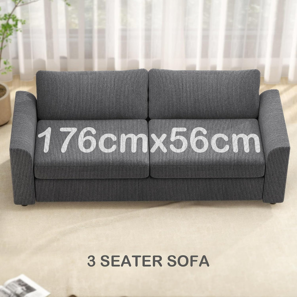 Modern 3 Seater Sofa with Spring Cushion Fabric 212 Cm Grey | Jumbo Cord Sofa Couch, 2 Scatter Cushions, Upholstered Corduroy Settee, Living Room, Bedroom, Home Office