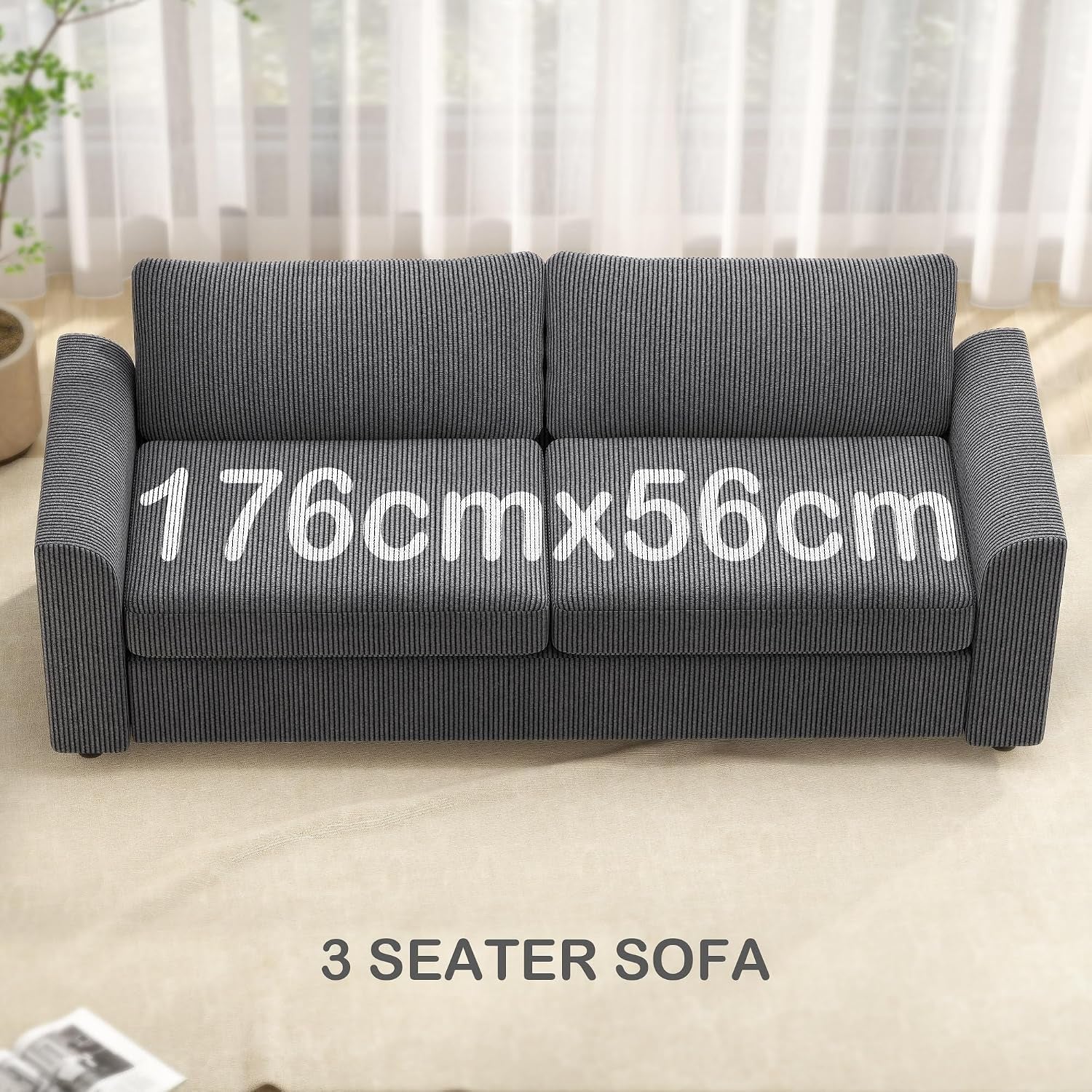 Modern 3 Seater Sofa with Spring Cushion Fabric 212 Cm Grey | Jumbo Cord Sofa Couch, 2 Scatter Cushions, Upholstered Corduroy Settee, Living Room, Bedroom, Home Office