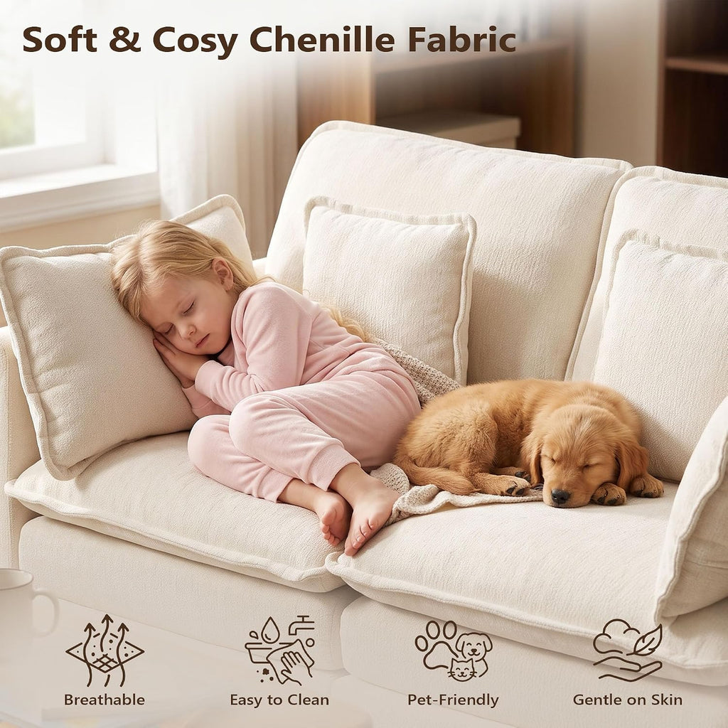L Shaped Sofa, 162Cm Chenille 2 Seater with Ottoman, Begie | Deep-Seat Modular Design with a Movable Ottoman Footstool for Living Rooms, Bedrooms and Small Spaces