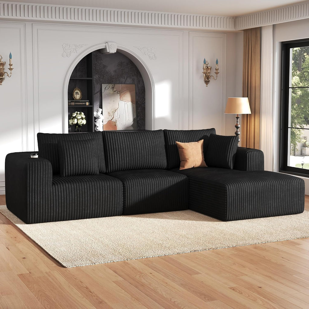 275Cm L-Shaped Sofa Boneless Modular Sectional Cloud Couch | 3-4 Seater, Corduroy Memory Foam,Cup Holder,No Assembly,Living Room & Bedroom