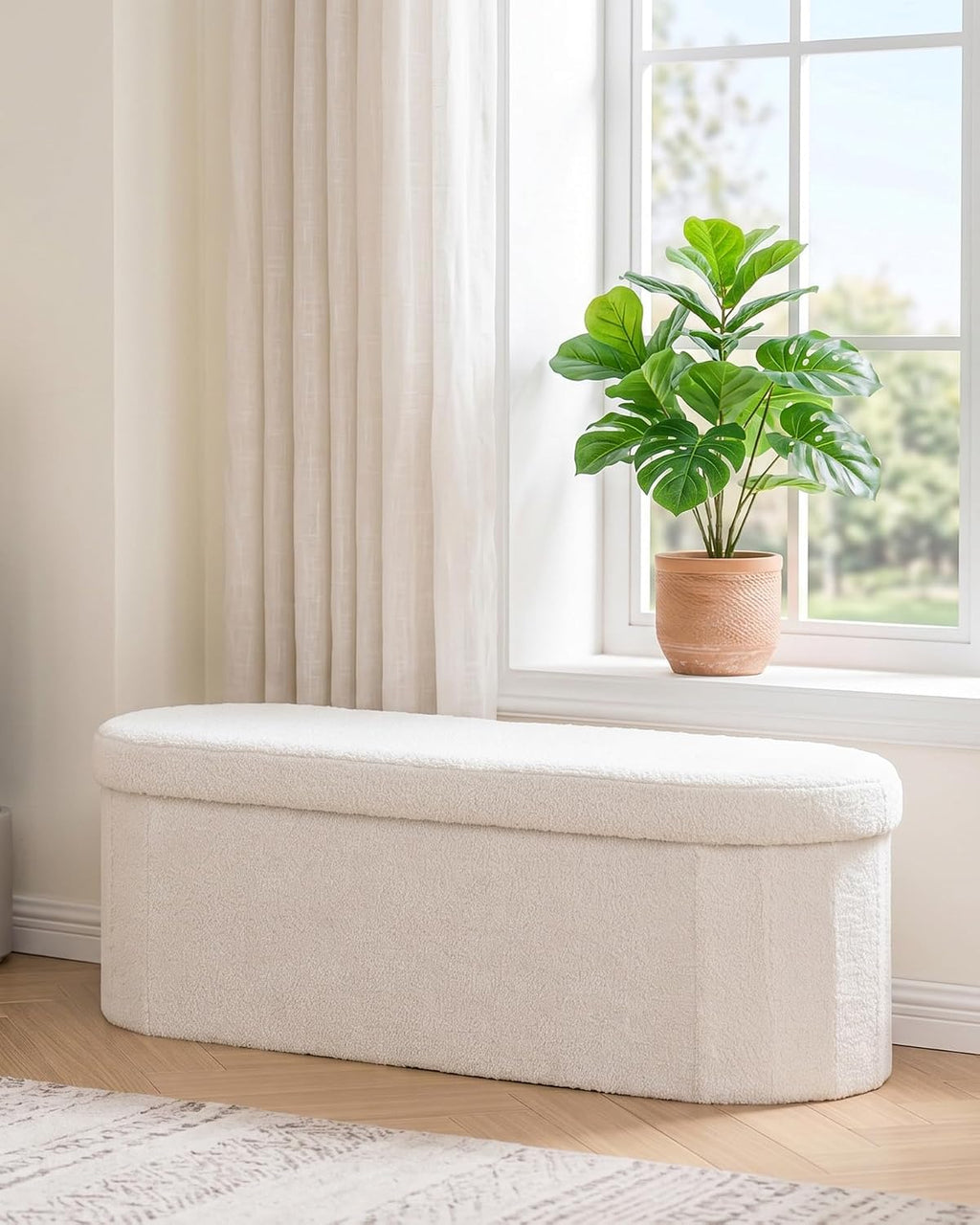 Folding Ottoman Storage Bench,Boucle Footstool Oval, End of Bed Stool, Ideal for Living Room, Bedroom, 100L Storage Space,Cream,110X38X38Cm