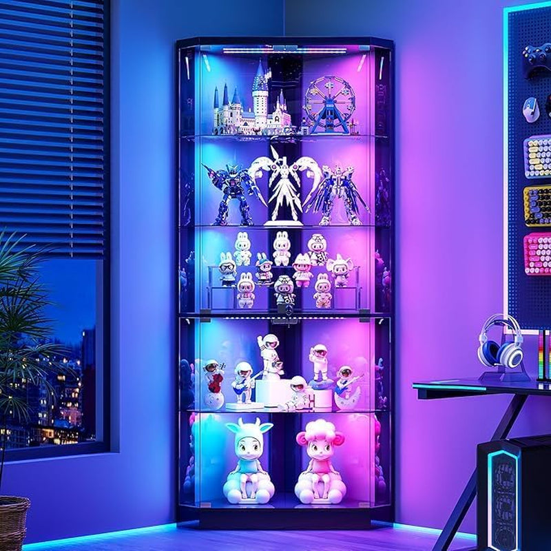 69" Corner RGB Glass Display Cabinets with Lock for Curio,Black | 5 Tier Modern Curio Cabinet with Dynamic Lighting,Storage Bookcase Cabinet with Glass Door for Study,Living Room,Bedroom