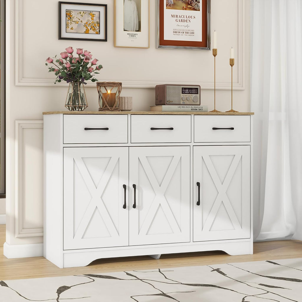 Wooden Sideboard 3 Drawers 3 Doors Entryway Dining Room Console Living Room Storage Farmhouse Sideboard Cabinet (White)