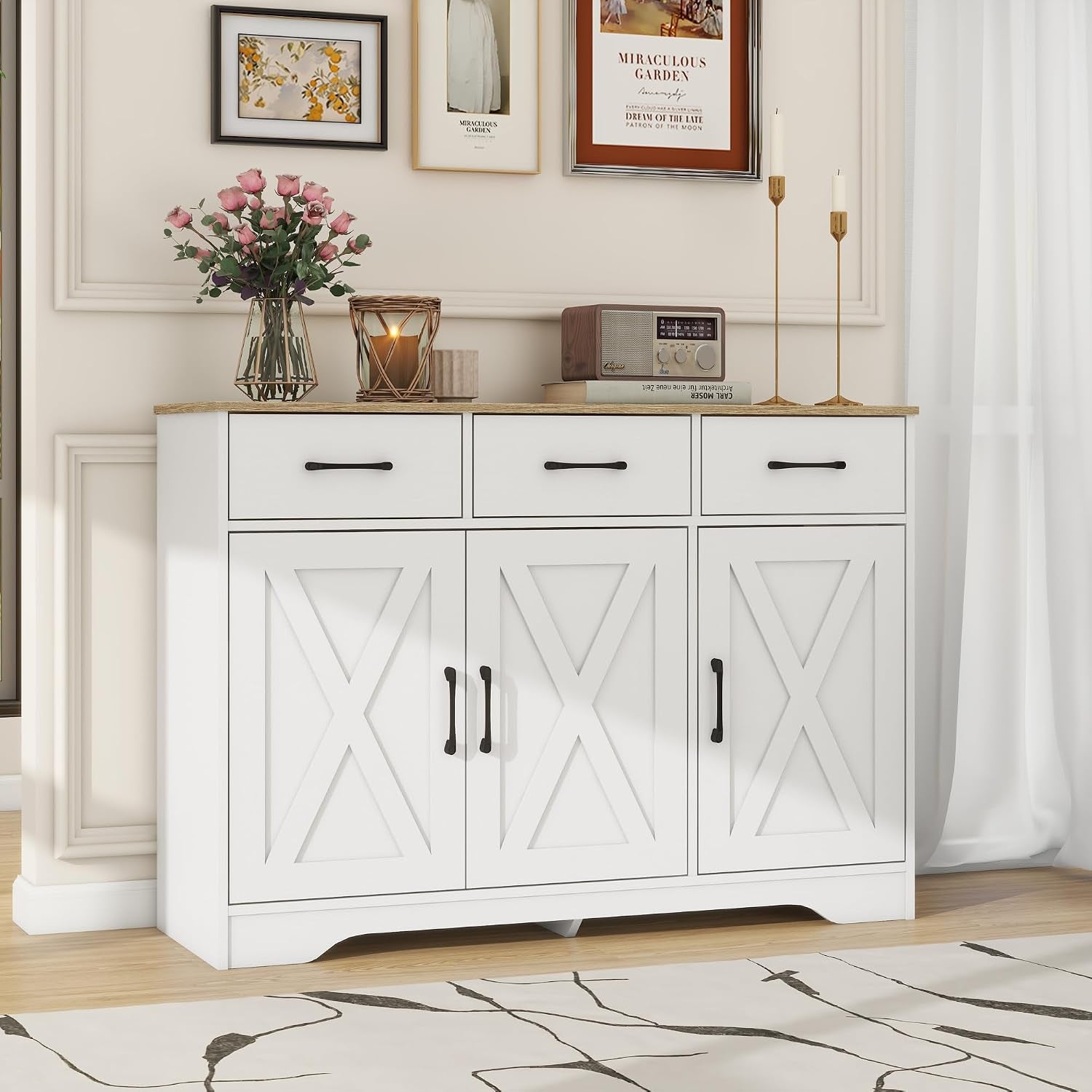 Wooden Sideboard 3 Drawers 3 Doors Entryway Dining Room Console Living Room Storage Farmhouse Sideboard Cabinet (White)