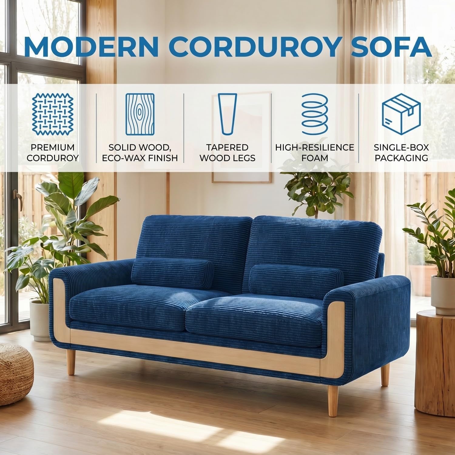 Large 2 Seater Sofa in Corduroy with Bolster Cushions, Blue | 175 Cm Wide, 146 Cm Seat, 51 Cm Seat Depth, 15 Cm High Legs, Solid Wood Frame, Corduroy Upholstery