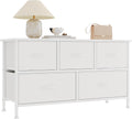 Chest of Drawers with 5 Drawers, White Fabric Dresser with Wood Top for Bedroom, Living Room, Large Storage Space