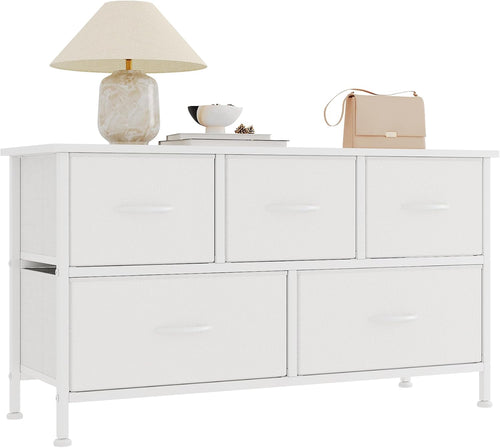 Chest of Drawers with 5 Drawers, White Fabric Dresser with Wood Top for Bedroom, Living Room, Large Storage Space
