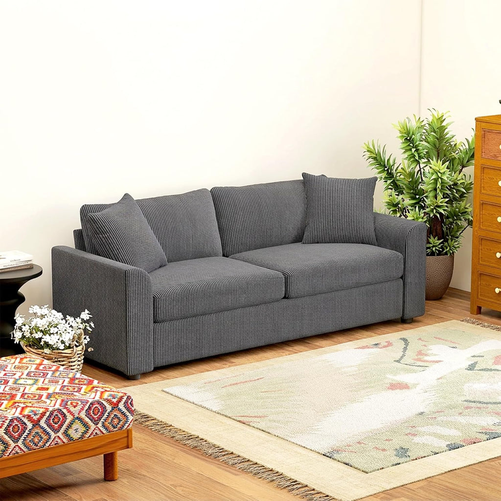 Modern 3 Seater Sofa with Spring Cushion Fabric 212 Cm Grey | Jumbo Cord Sofa Couch, 2 Scatter Cushions, Upholstered Corduroy Settee, Living Room, Bedroom, Home Office