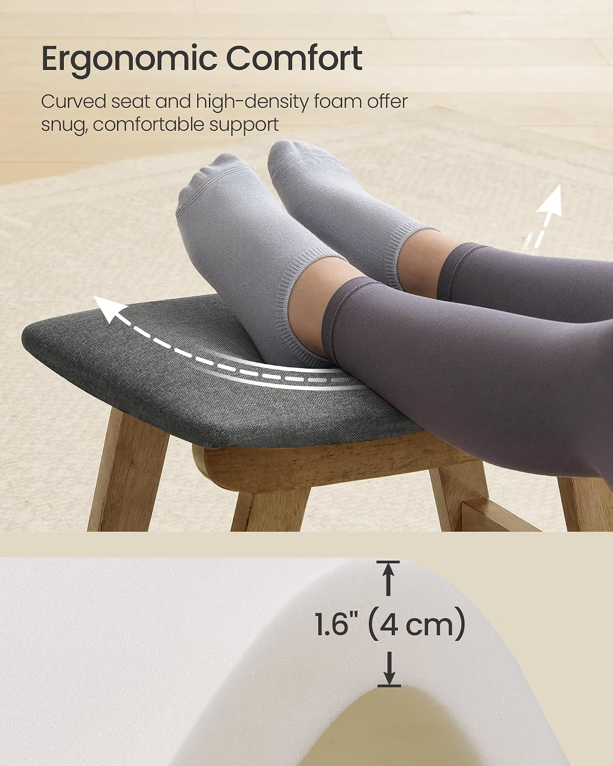 Footstool, Small Foot Stool Ottoman with Rubber Wood Legs, Washable Cover, Curved Padded Footrest for Living Room, 39.1 X 24.9 X 30 Cm, Slate Gray, LSF052GN03
