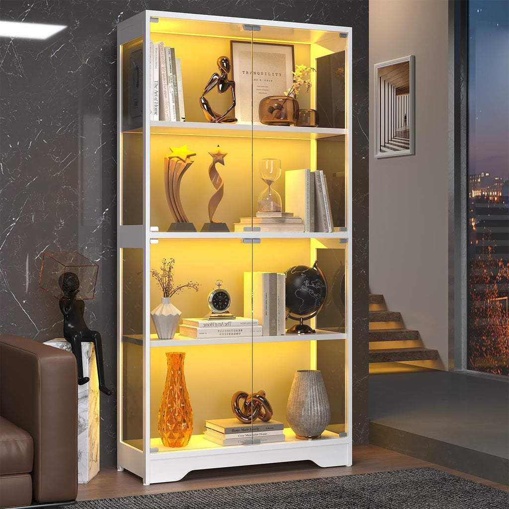 Display Cabinet with Glass Doors, 63" Tall Curio Cabinet with Human Sensor RGB LED Lights, 4-Tier Glass Display Case with 15Mm Thick Shelves for Action Figures, Collectibles, Books - White