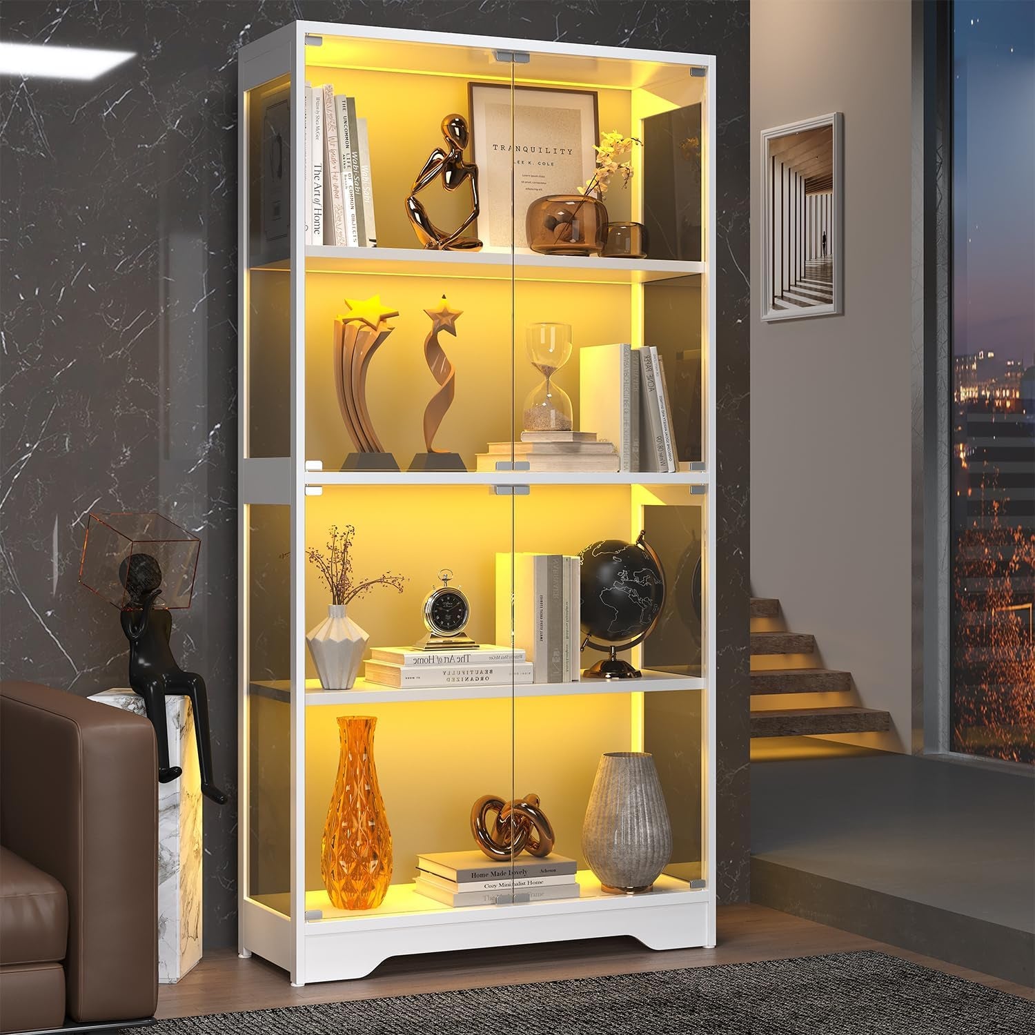 Display Cabinet with Glass Doors, 63" Tall Curio Cabinet with Human Sensor RGB LED Lights, 4-Tier Glass Display Case with 15Mm Thick Shelves for Action Figures, Collectibles, Books - White