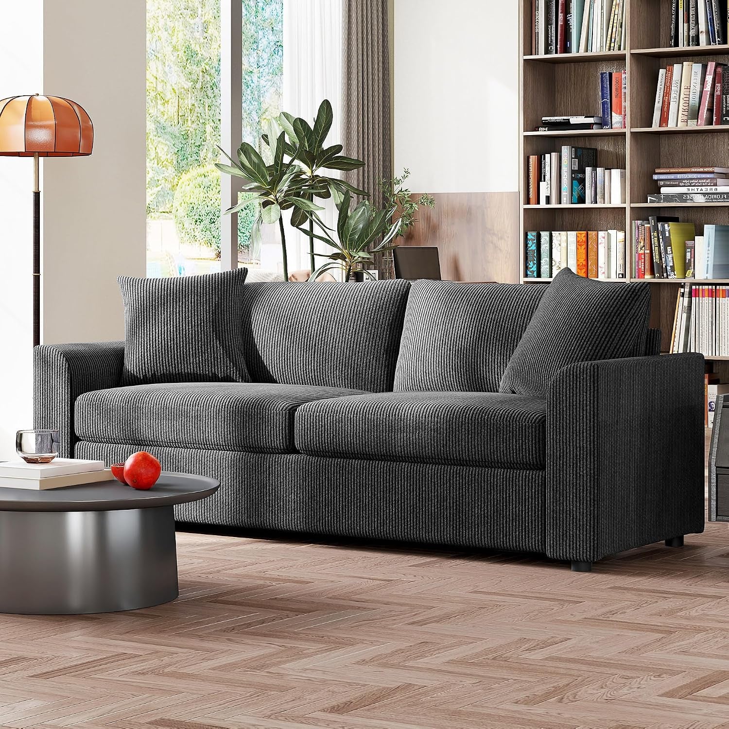 Modern 3 Seater Sofa with Spring Cushion Fabric 212 Cm Grey | Jumbo Cord Sofa Couch, 2 Scatter Cushions, Upholstered Corduroy Settee, Living Room, Bedroom, Home Office
