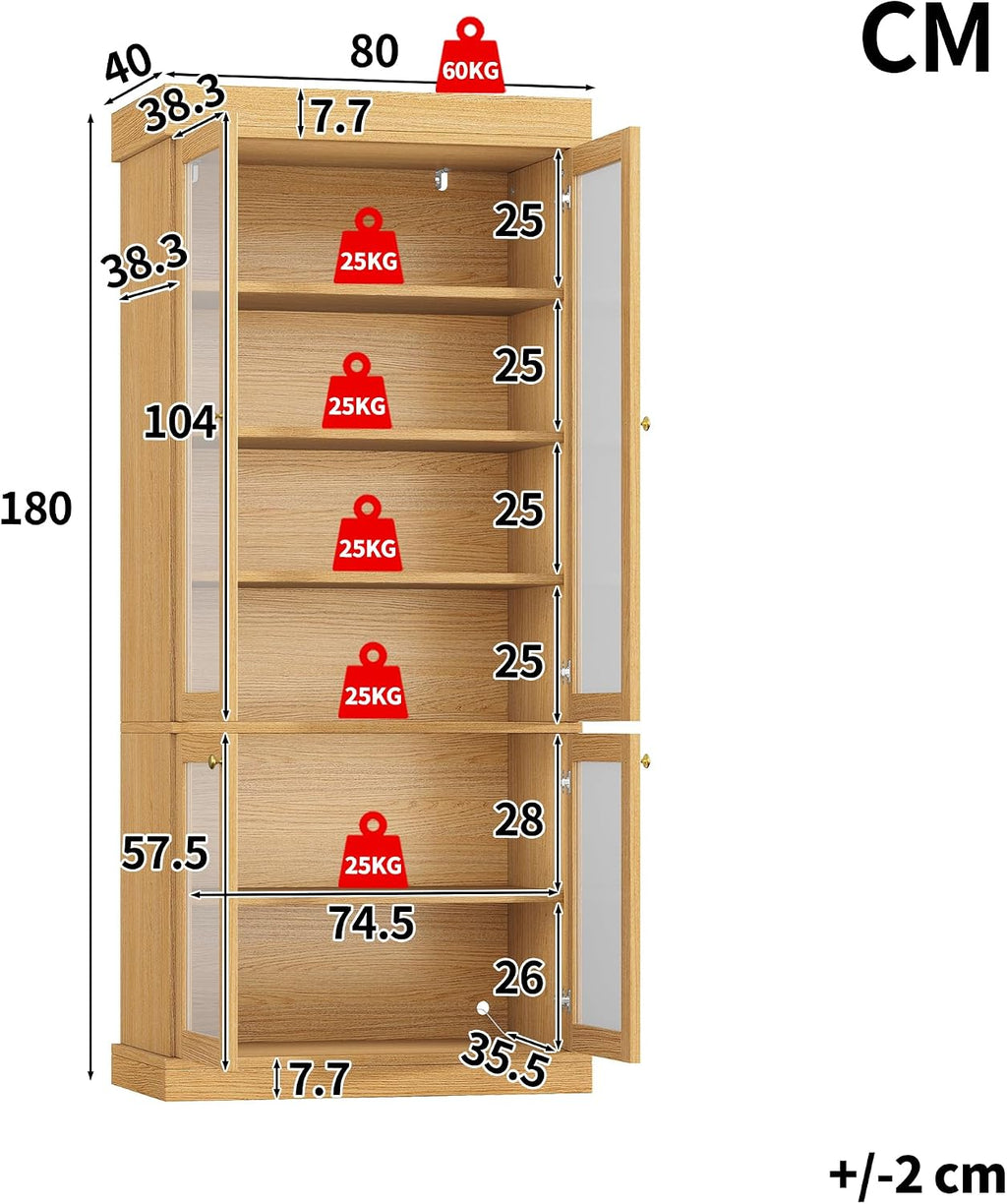 Modern Display Cabinets with Glass Doors & LED Lights, Freestanding Bookcase/Cabinet for Living Room, Oak Colour