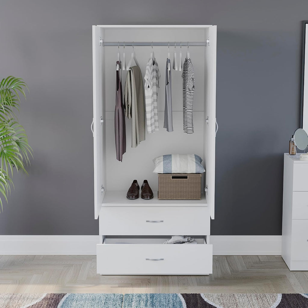 Riano 2 Door & 2 Drawer Wardrobe | White | Bedroom Furniture | 170H X 76W X 53D Cm | with Shelf & Hanging Rail | Large Capacity Storage