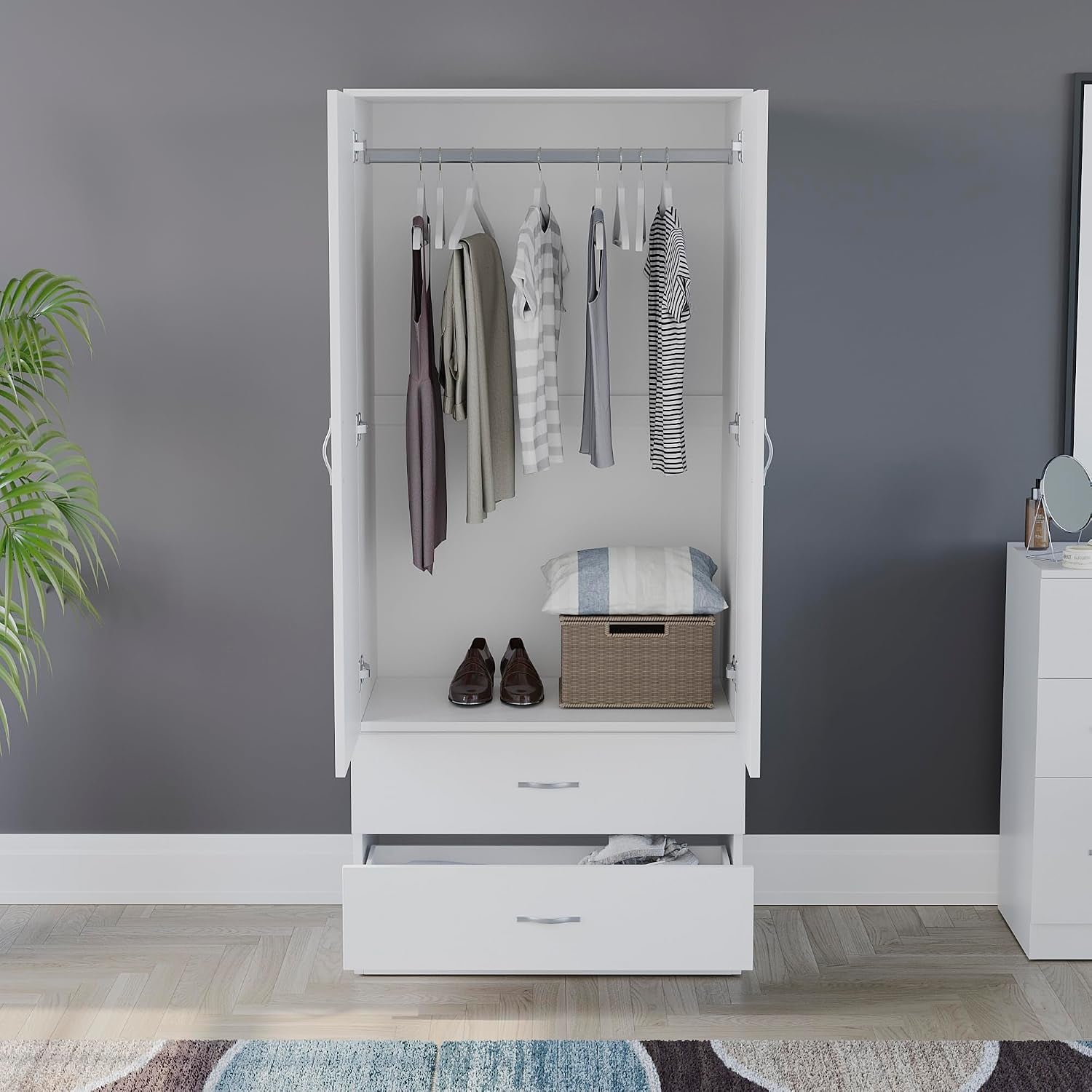 Riano 2 Door & 2 Drawer Wardrobe | White | Bedroom Furniture | 170H X 76W X 53D Cm | with Shelf & Hanging Rail | Large Capacity Storage