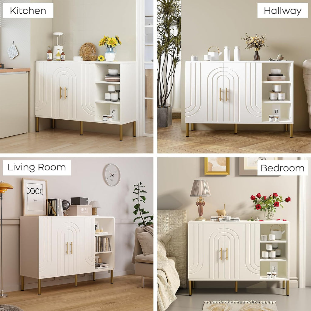 Sideboard with Curved Texture, Cream White, 110X35X82 Cm | Wooden Storage Cabinet with 2 Doors and 3 Tier Shelves, Kitchen Cupboard Storage, Buffet for Living Room Kitchen Hallway