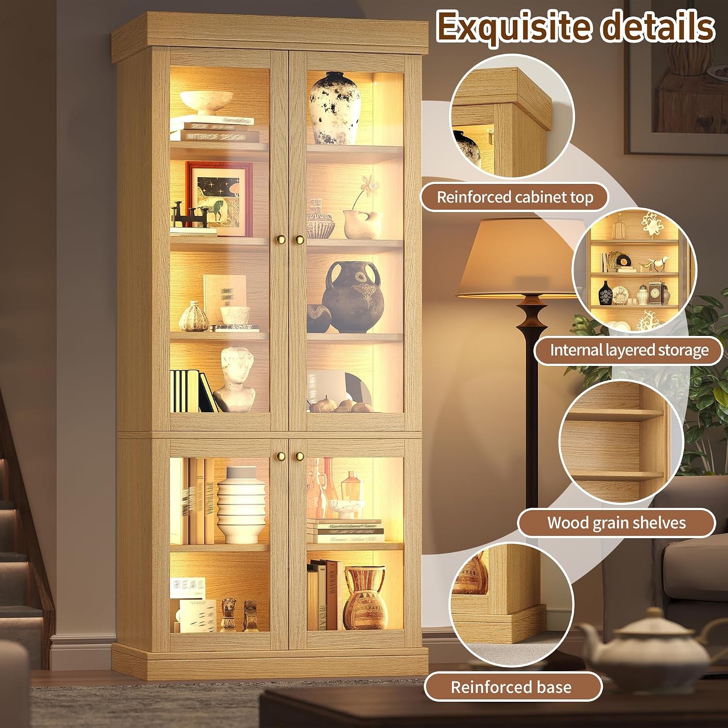 Modern Display Cabinets with Glass Doors & LED Lights, Freestanding Bookcase/Cabinet for Living Room, Oak Colour