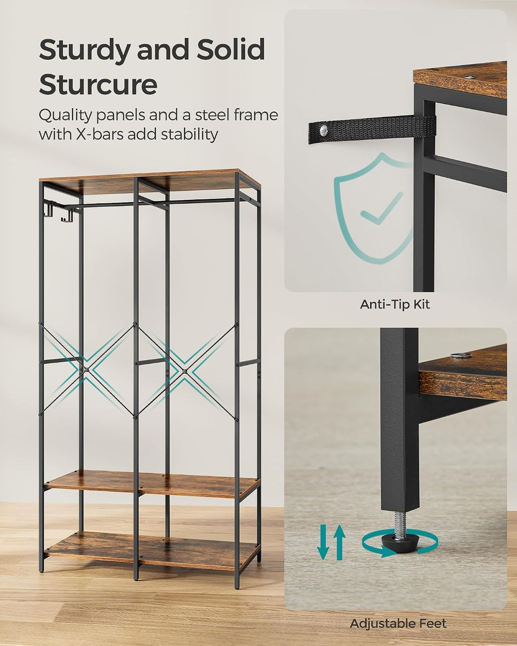 Portable Clothes Wardrobe, Foldable Closet, Clothes Rack Freestanding, Closet Organiser, with Hanging Rods, Storage Shelves, Removable Hooks, 40 X 94.5 X 180 Cm, Rustic Brown RGR004B01