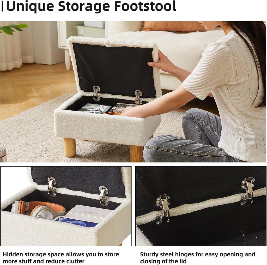 Small Footstool with Storage, Faux Teddy Fur Foot Stool Ottoman with Wooden Legs, Change Shoes Stool for Living Room Bedroom Entryway Office,White YD-JD136W