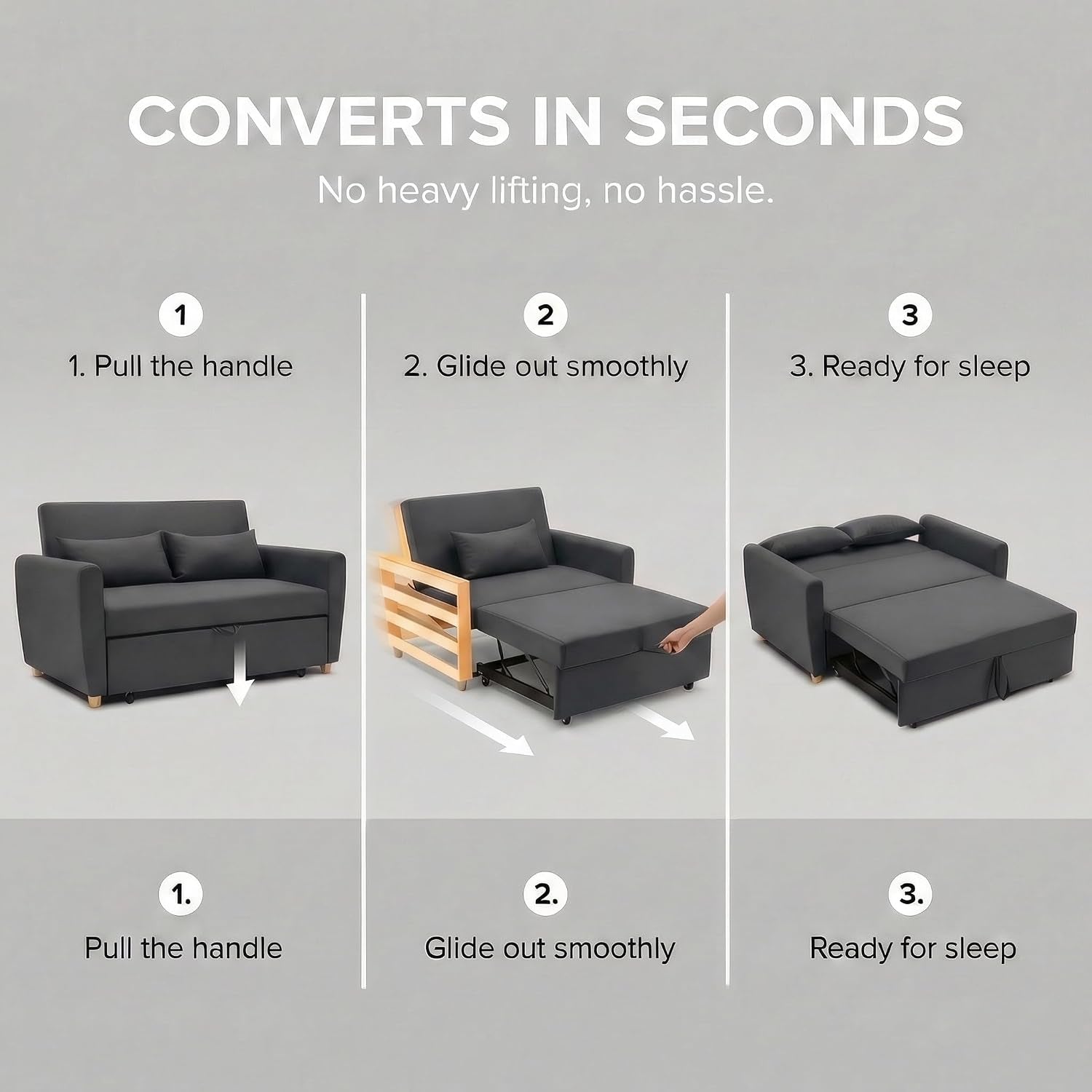 Black 2 Seater Sofa Bed Double, Pull Out Sofa Bed for Adults, Compact Fabric Sofabed with Fold Flat Mattress | Living Room Guest Bed | 140Cm