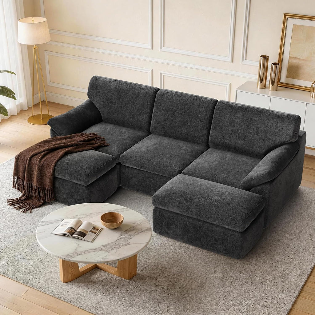 Boneless Cloud Sectional Sofa, 240Cm Modular Chenille Couch, Grey | No Assembly Needed, Expands in 72Hrs, 380Gsm Skin-Friendly Chenille Fabric, Perfect for Living Rooms & Apartments