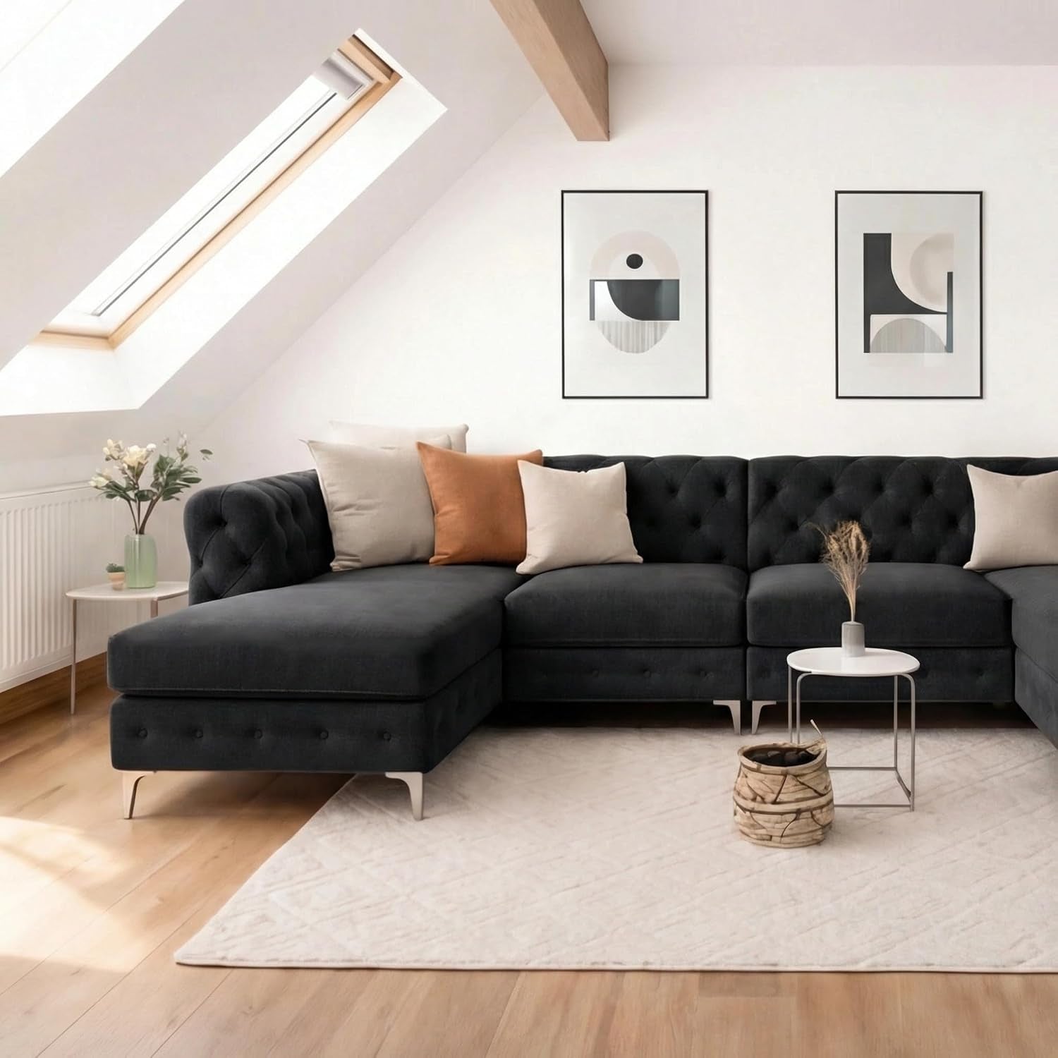 Chesterfield U-Shaped Corner Sofa | Plush Velvet Button Tufted Sofas | Large Double Chaise Sectional Sofa | 4–5 Seater Sofa for Living Room with Scatter Cushions (Black, U Shape Sofa)